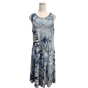 Azure Blue Sleeveless Mixed Print Asymmetric Pullover Shift Dress by Cativa
